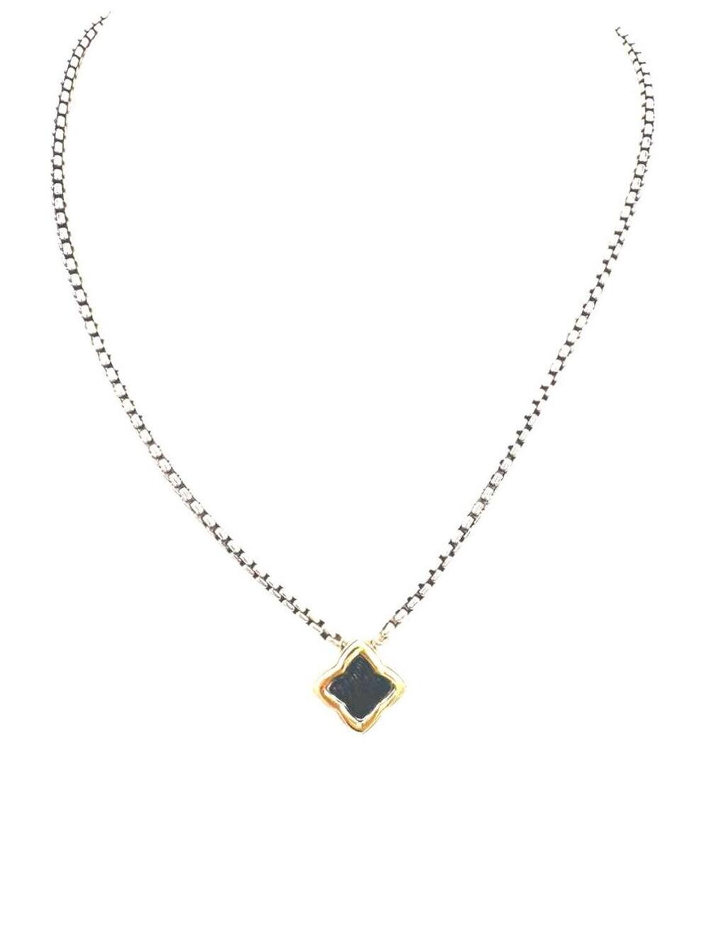 David Yurman 18k gold framed Onyx quatrefoil pendant sterling cable necklace;